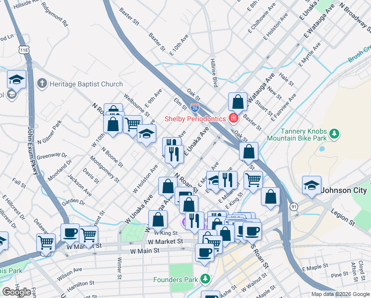 map of restaurants, bars, coffee shops, grocery stores, and more near 205 East Unaka Avenue in Johnson City