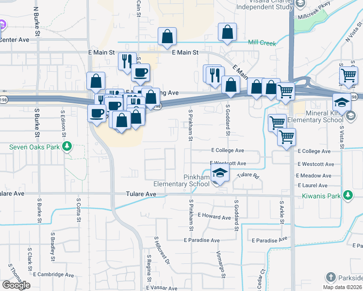 map of restaurants, bars, coffee shops, grocery stores, and more near 815 South Pinkham Street in Visalia