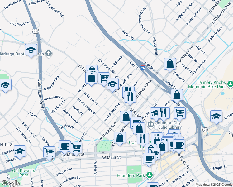 map of restaurants, bars, coffee shops, grocery stores, and more near 106 East Chilhowie Avenue in Johnson City