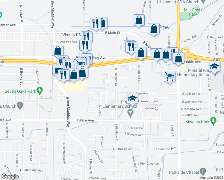 map of restaurants, bars, coffee shops, grocery stores, and more near 811 South Pinkham Street in Visalia