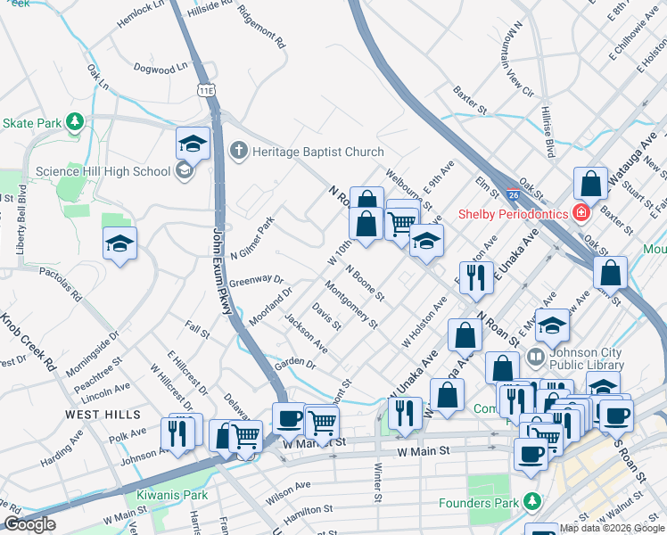 map of restaurants, bars, coffee shops, grocery stores, and more near 1010 North Boone Street in Johnson City
