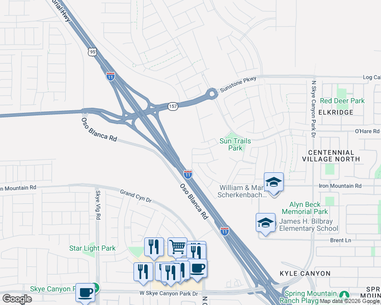 map of restaurants, bars, coffee shops, grocery stores, and more near 9403-9699 Frontage Road in Las Vegas