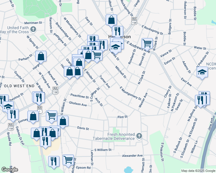 map of restaurants, bars, coffee shops, grocery stores, and more near 121 South College Street in Henderson
