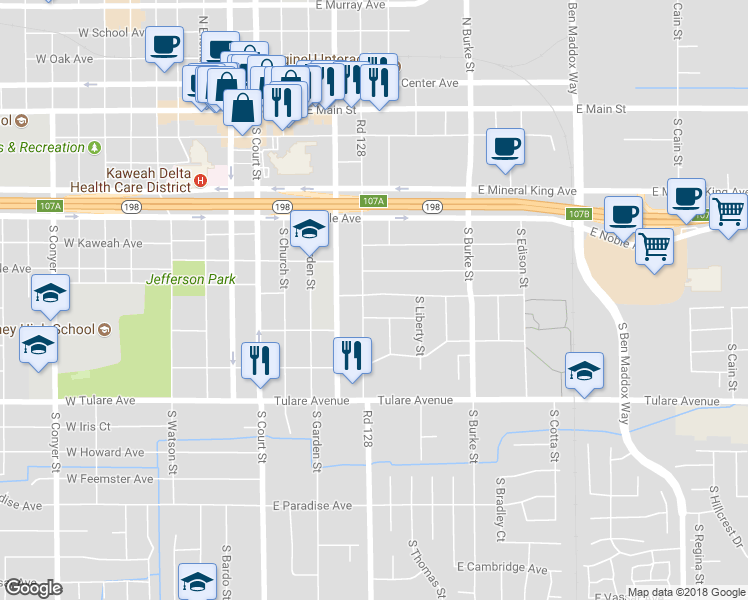 map of restaurants, bars, coffee shops, grocery stores, and more near 515 East Cypress Avenue in Visalia