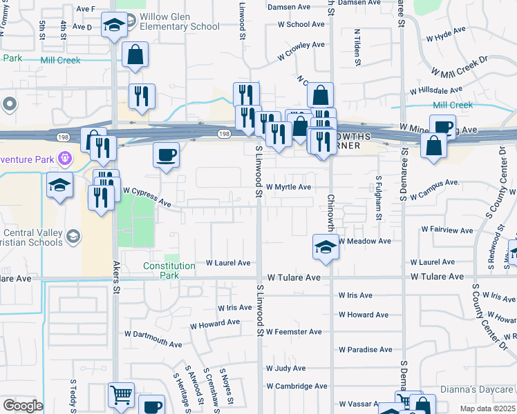 map of restaurants, bars, coffee shops, grocery stores, and more near South Linwood Street & West Cypress Avenue in Visalia