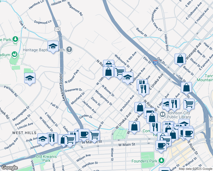 map of restaurants, bars, coffee shops, grocery stores, and more near 1000 North Boone Street in Johnson City