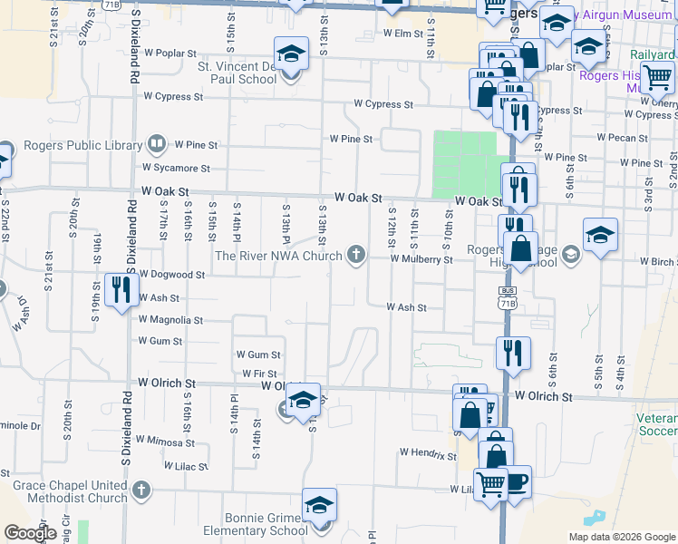 map of restaurants, bars, coffee shops, grocery stores, and more near 1095-1119 South 13th Street in Rogers