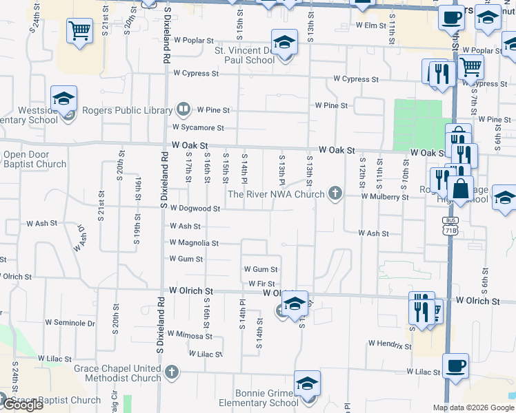 map of restaurants, bars, coffee shops, grocery stores, and more near 919 South 14th Place in Rogers