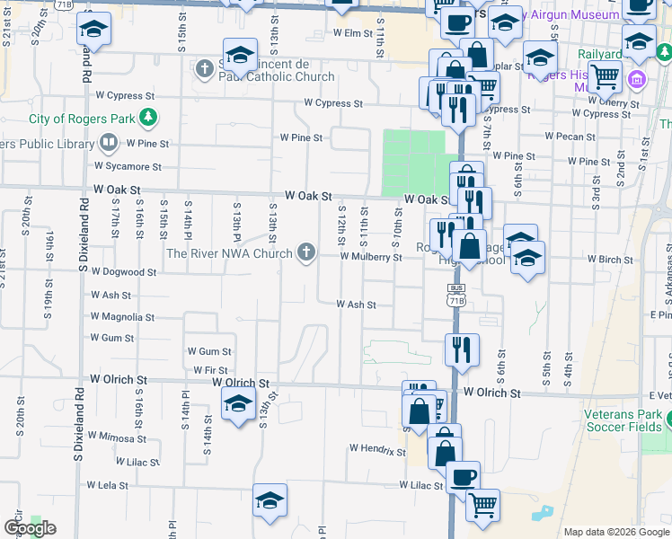 map of restaurants, bars, coffee shops, grocery stores, and more near 1101 South 12th Place in Rogers