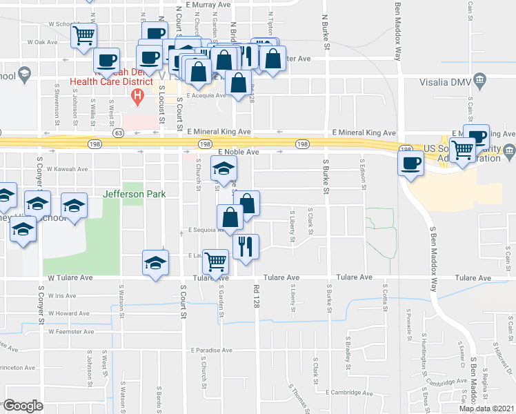 map of restaurants, bars, coffee shops, grocery stores, and more near 509 East Cypress Avenue in Visalia