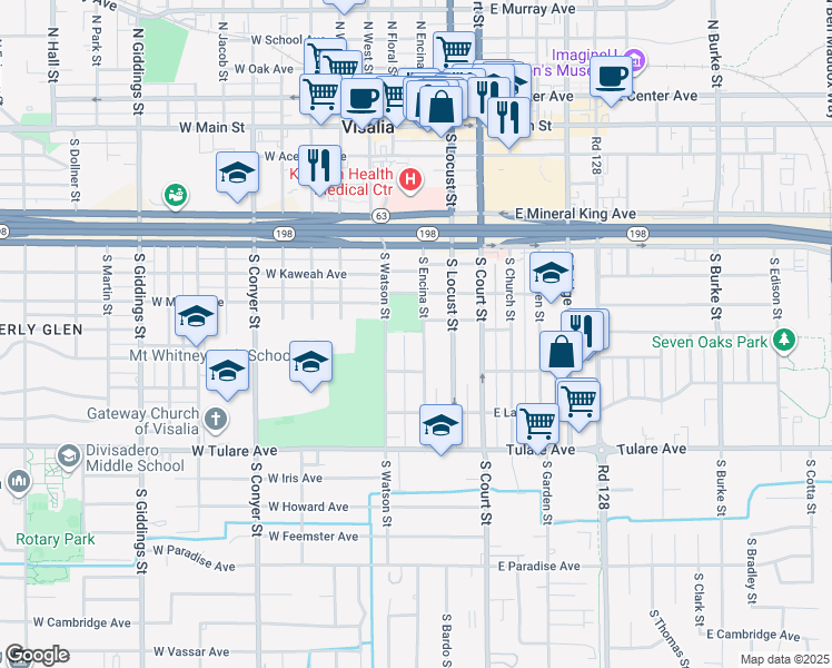 map of restaurants, bars, coffee shops, grocery stores, and more near 701 South Encina Street in Visalia