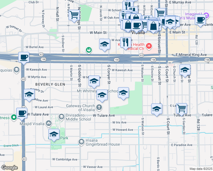 map of restaurants, bars, coffee shops, grocery stores, and more near 727 South Conyer Street in Visalia
