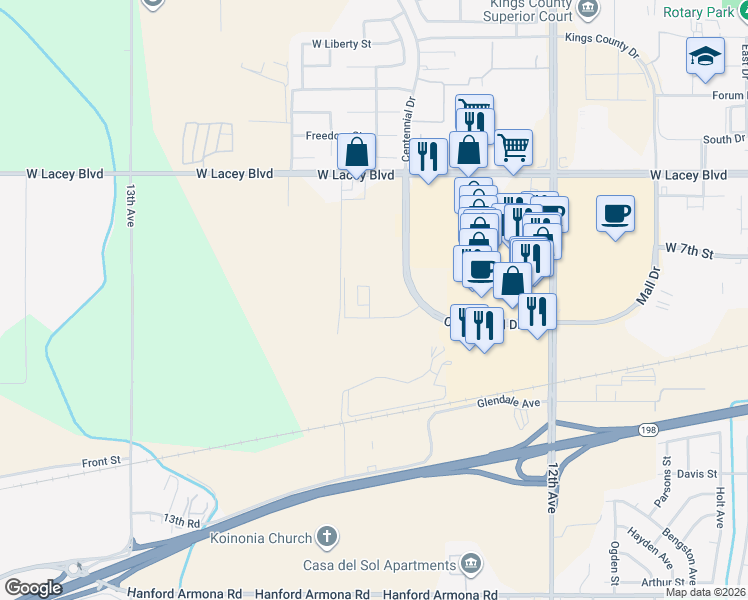 map of restaurants, bars, coffee shops, grocery stores, and more near Centennial Drive in Hanford