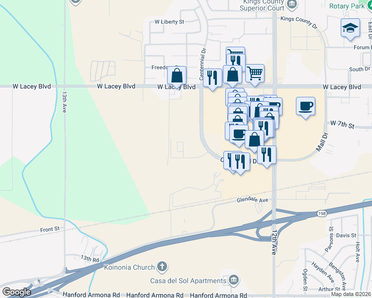 map of restaurants, bars, coffee shops, grocery stores, and more near Centennial Drive in Hanford
