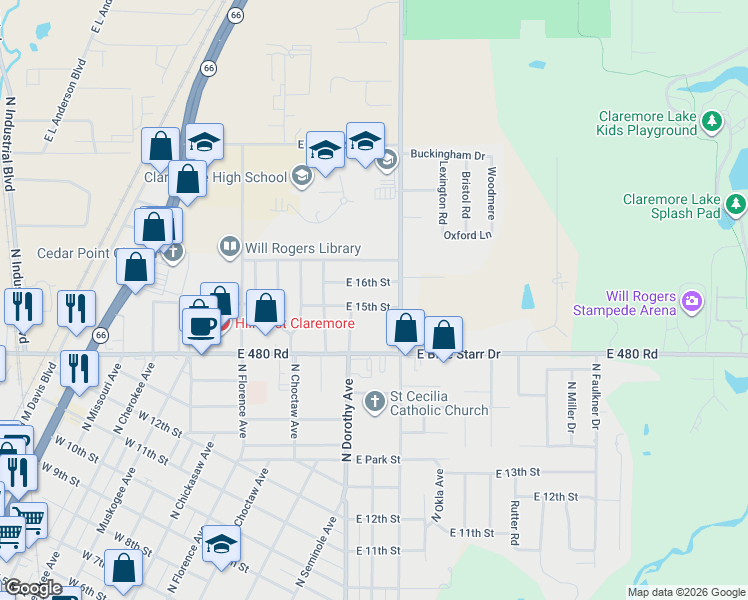 map of restaurants, bars, coffee shops, grocery stores, and more near 325 East 16th Street in Claremore