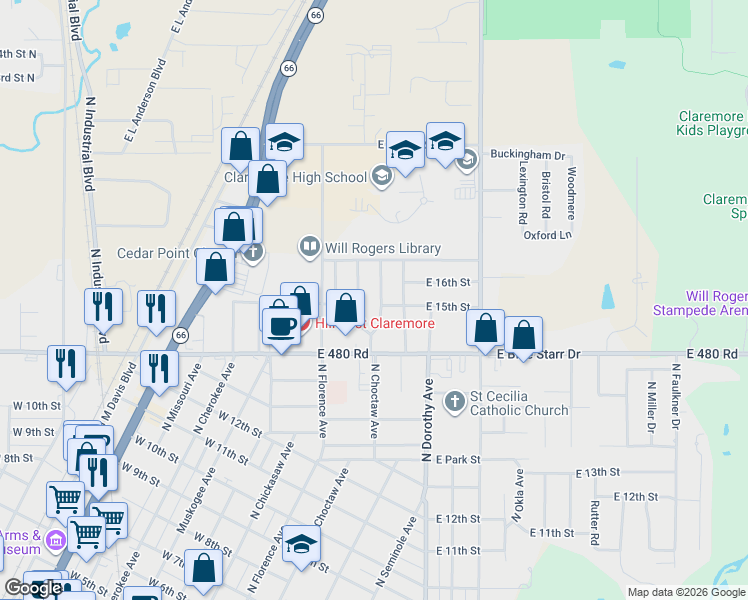 map of restaurants, bars, coffee shops, grocery stores, and more near 1504 North Choctaw Place in Claremore