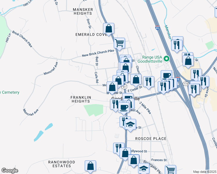 map of restaurants, bars, coffee shops, grocery stores, and more near in Goodlettsville