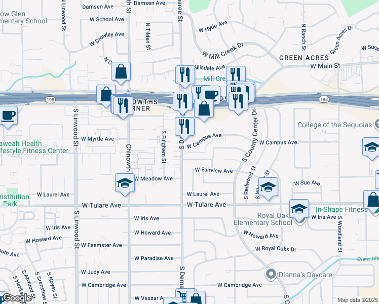map of restaurants, bars, coffee shops, grocery stores, and more near 3527 West Campus Avenue in Visalia