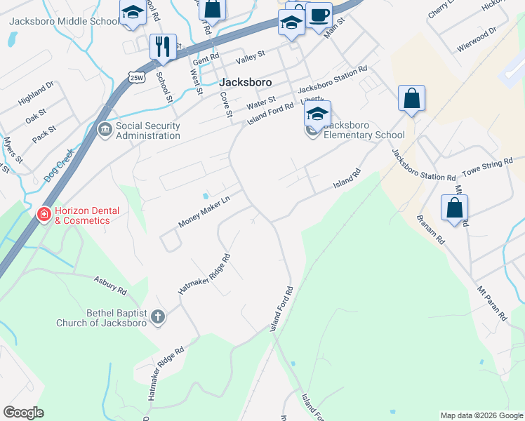 map of restaurants, bars, coffee shops, grocery stores, and more near 106 Hatmaker Ridge Road in Jacksboro