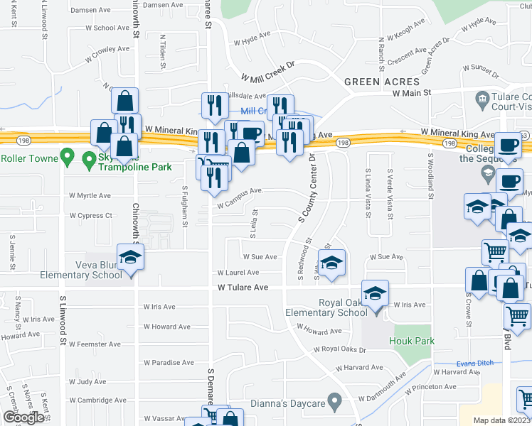 map of restaurants, bars, coffee shops, grocery stores, and more near 3401 West Cypress Avenue in Visalia