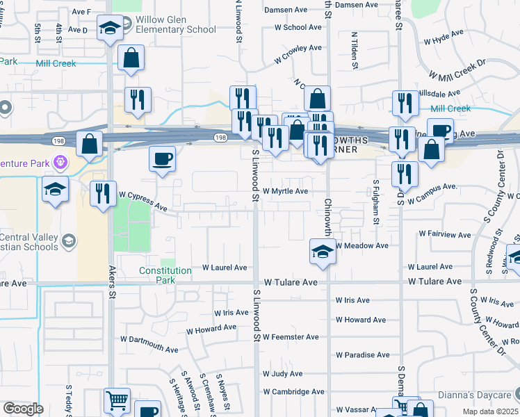 map of restaurants, bars, coffee shops, grocery stores, and more near 732 South Linwood Street in Visalia