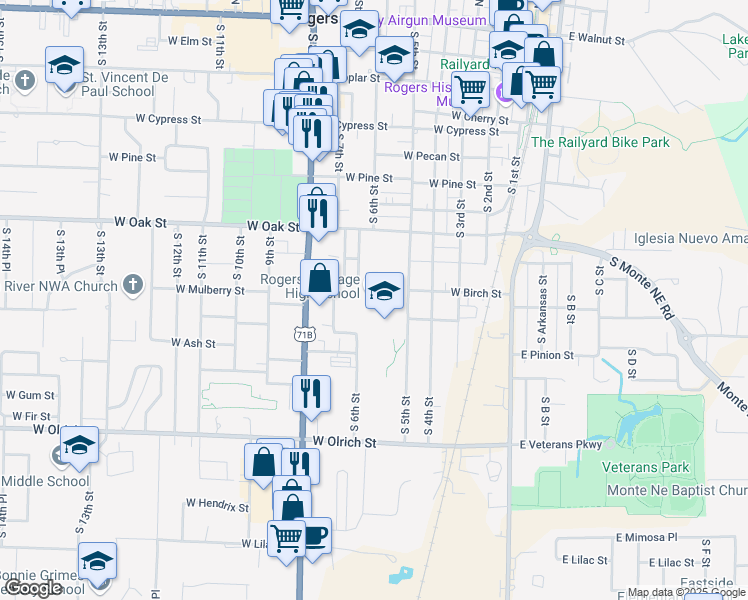 map of restaurants, bars, coffee shops, grocery stores, and more near 1114 South 5th Street in Rogers