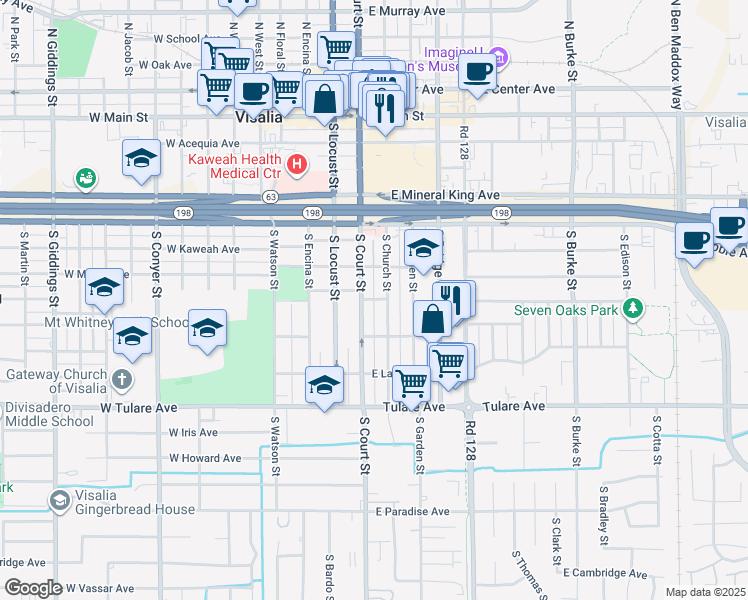 map of restaurants, bars, coffee shops, grocery stores, and more near in Visalia