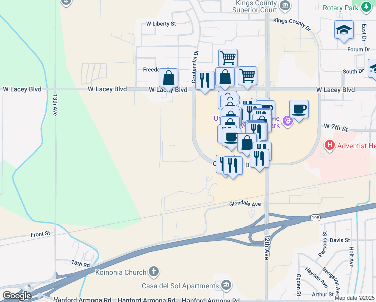 map of restaurants, bars, coffee shops, grocery stores, and more near 114 Centennial Drive in Hanford