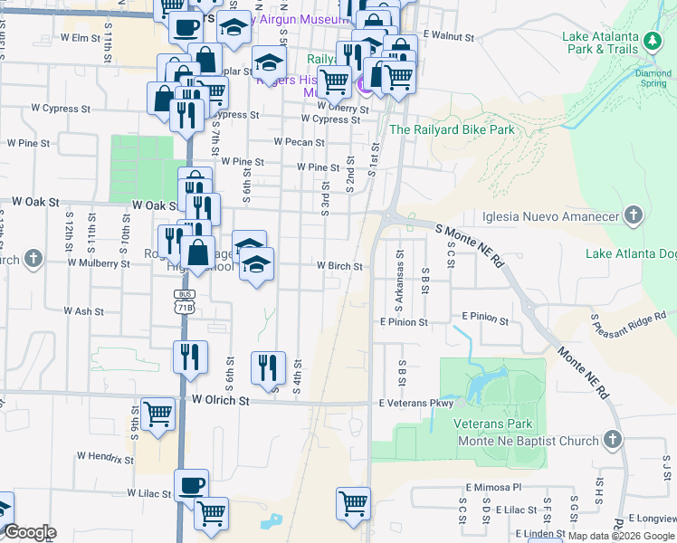map of restaurants, bars, coffee shops, grocery stores, and more near 218 West Birch Street in Rogers