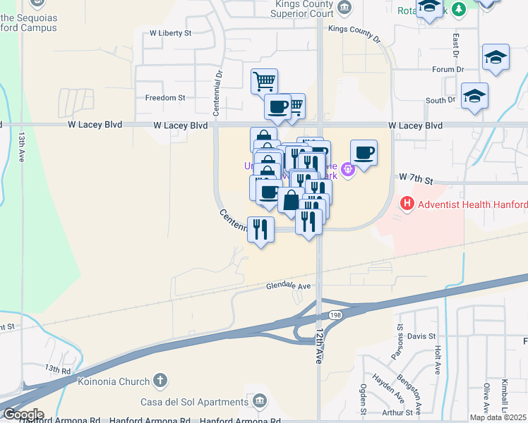 map of restaurants, bars, coffee shops, grocery stores, and more near 140 North 12th Avenue in Hanford