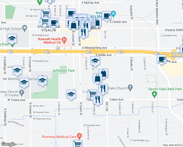 map of restaurants, bars, coffee shops, grocery stores, and more near 533 South Garden Street in Visalia