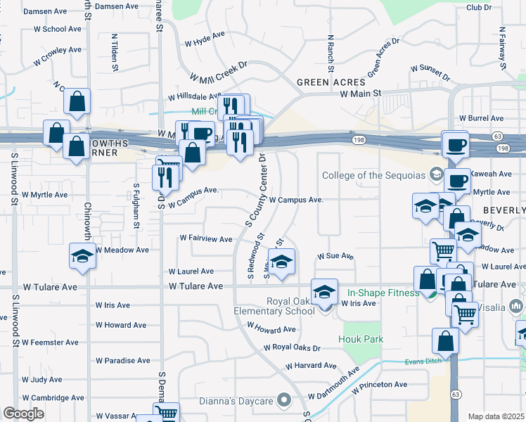 map of restaurants, bars, coffee shops, grocery stores, and more near 739 South Redwood Street in Visalia