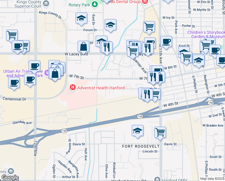 map of restaurants, bars, coffee shops, grocery stores, and more near 1103 West 6th Street in Hanford