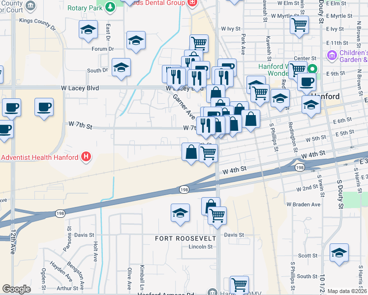 map of restaurants, bars, coffee shops, grocery stores, and more near 817 West 6th Street in Hanford