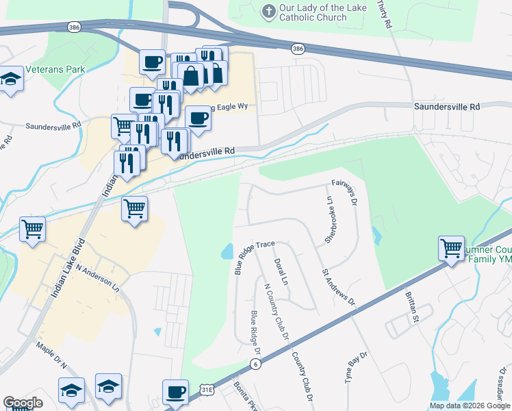 map of restaurants, bars, coffee shops, grocery stores, and more near 145 Fairways Drive in Hendersonville