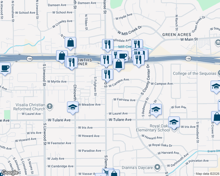 map of restaurants, bars, coffee shops, grocery stores, and more near 3545 West Campus Avenue in Visalia