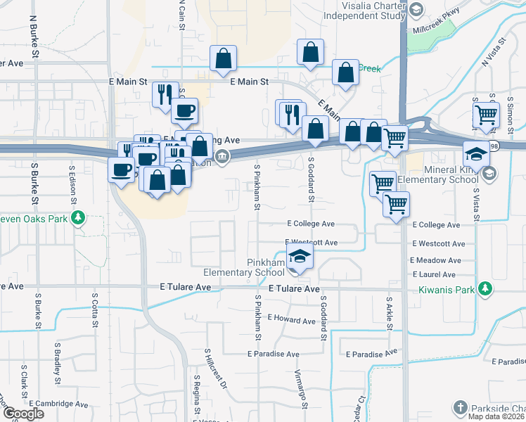 map of restaurants, bars, coffee shops, grocery stores, and more near 740 South Pinkham Street in Visalia