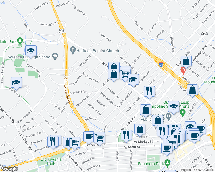 map of restaurants, bars, coffee shops, grocery stores, and more near 1008 North Boone Street in Johnson City
