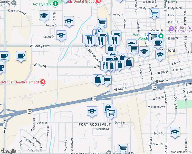 map of restaurants, bars, coffee shops, grocery stores, and more near 817-823 West 6th Street in Hanford