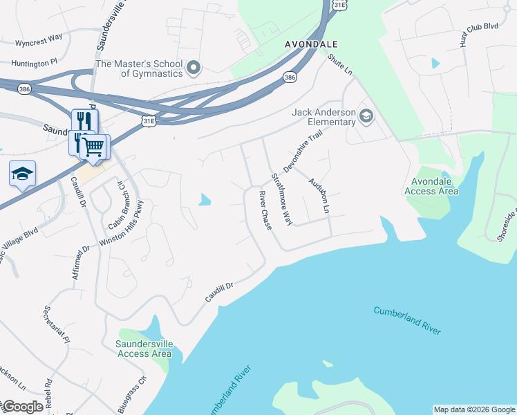 map of restaurants, bars, coffee shops, grocery stores, and more near 134 River Chase in Hendersonville