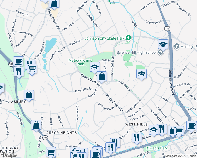 map of restaurants, bars, coffee shops, grocery stores, and more near 1534 Pactolas Road in Johnson City