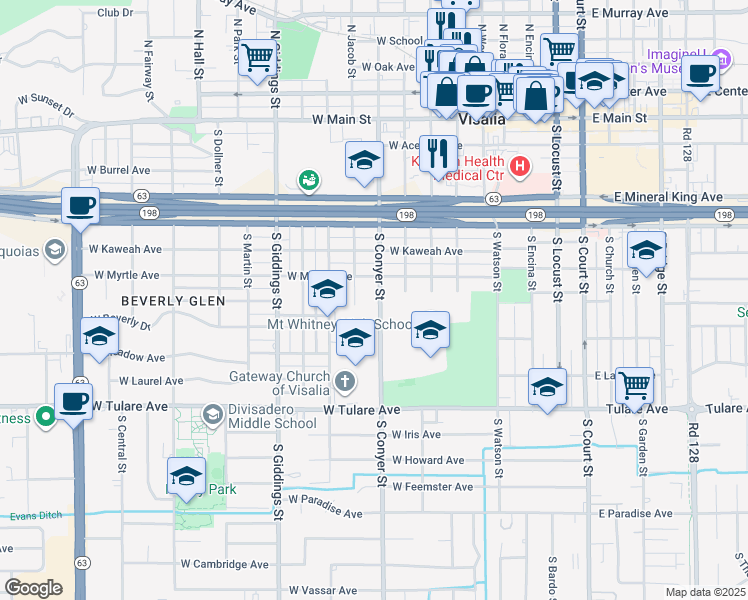 map of restaurants, bars, coffee shops, grocery stores, and more near 727 South Conyer Street in Visalia