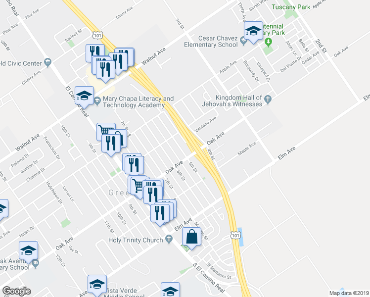map of restaurants, bars, coffee shops, grocery stores, and more near 214 5th Street in Greenfield