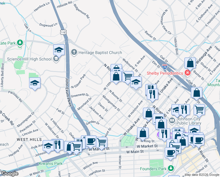 map of restaurants, bars, coffee shops, grocery stores, and more near 1010 North Boone Street in Johnson City