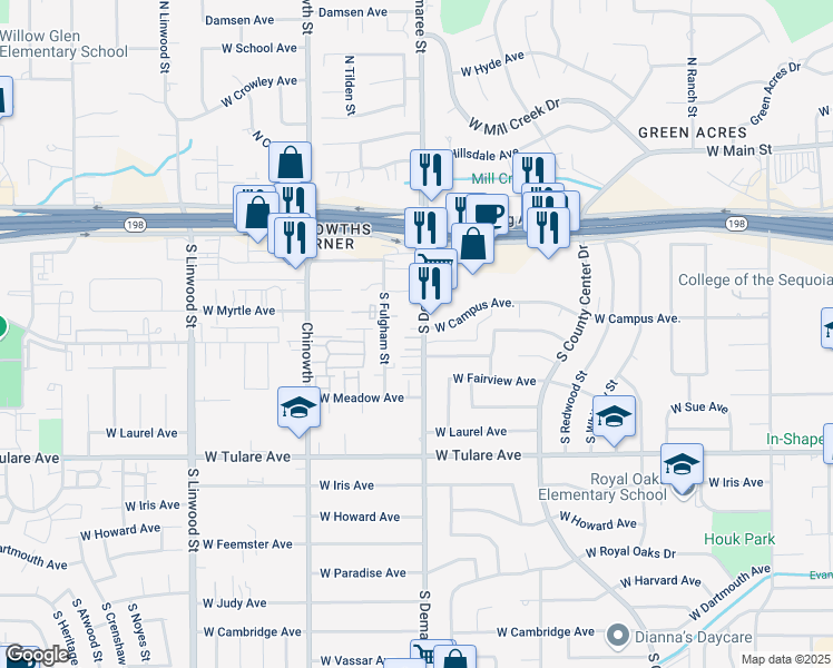 map of restaurants, bars, coffee shops, grocery stores, and more near 815 South Demaree Street in Visalia