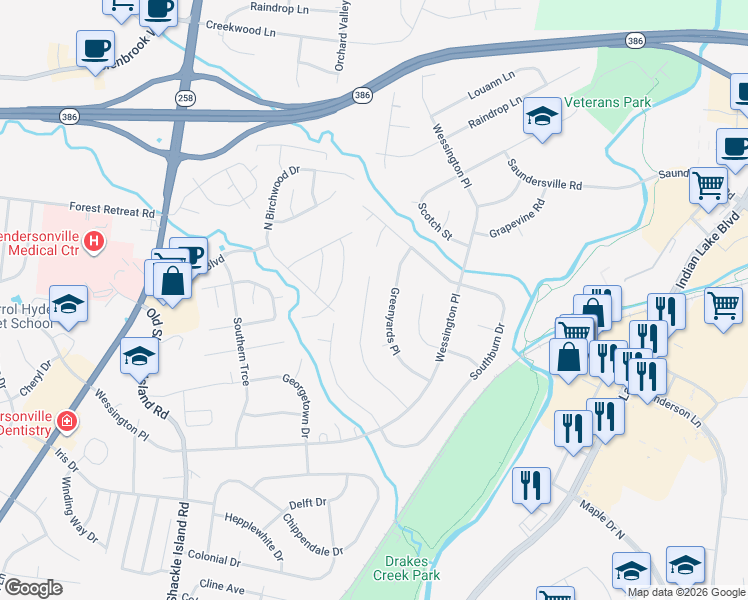 map of restaurants, bars, coffee shops, grocery stores, and more near 125 Greenyards Place in Hendersonville