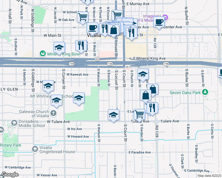 map of restaurants, bars, coffee shops, grocery stores, and more near 700 South Encina Street in Visalia