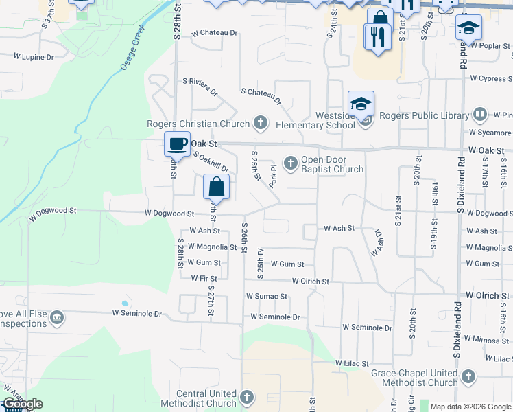 map of restaurants, bars, coffee shops, grocery stores, and more near 916 South 25th Place in Rogers