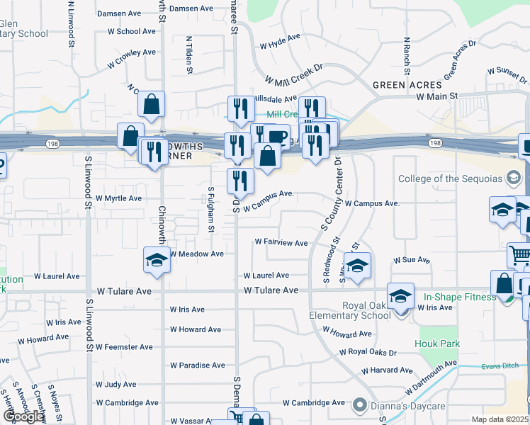 map of restaurants, bars, coffee shops, grocery stores, and more near 3434 West Cypress Avenue in Visalia