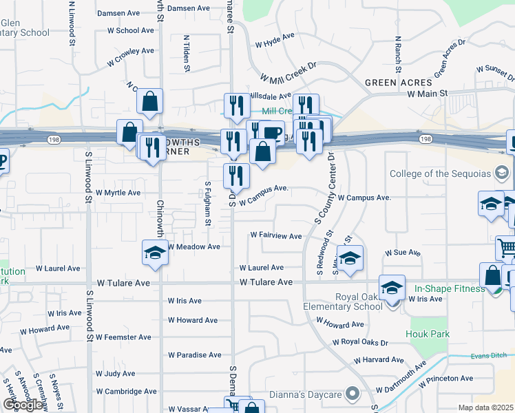 map of restaurants, bars, coffee shops, grocery stores, and more near 3434 West Cypress Avenue in Visalia